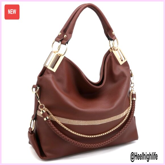 Large Hobo Tote Vegan Leather Rhinestone Accents Adjustable Shoulder Handbag